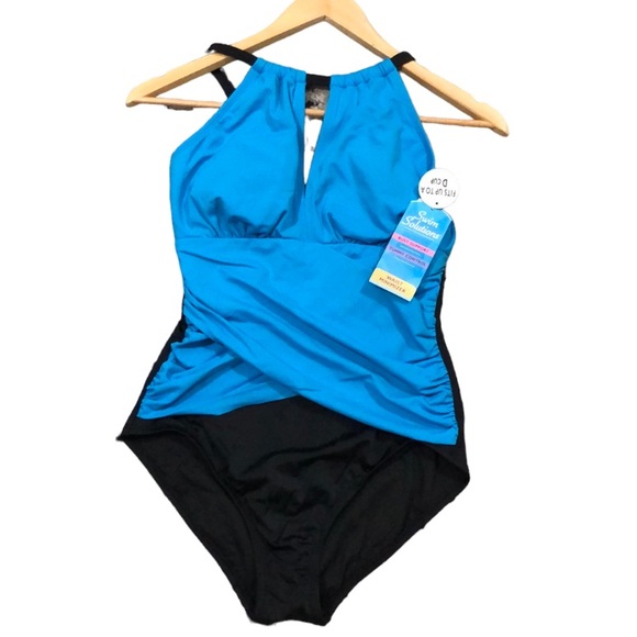 SWIM SOLUTIONSWomen's Tummy Control Draped High Neck Swimsuit